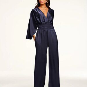 Ramy Brook Cheri Wide Leg Jumpsuit Womens S Navy Blue Smocked Waist Long Sleeve